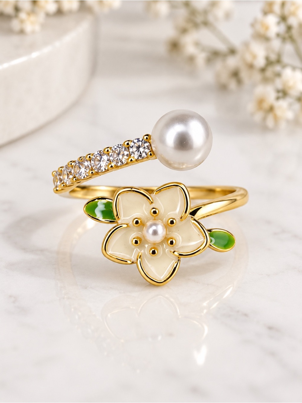 Gold Tone Pearl Floral Open Wrap Ring Rhinestone Enamel Flower Statement Jewelry